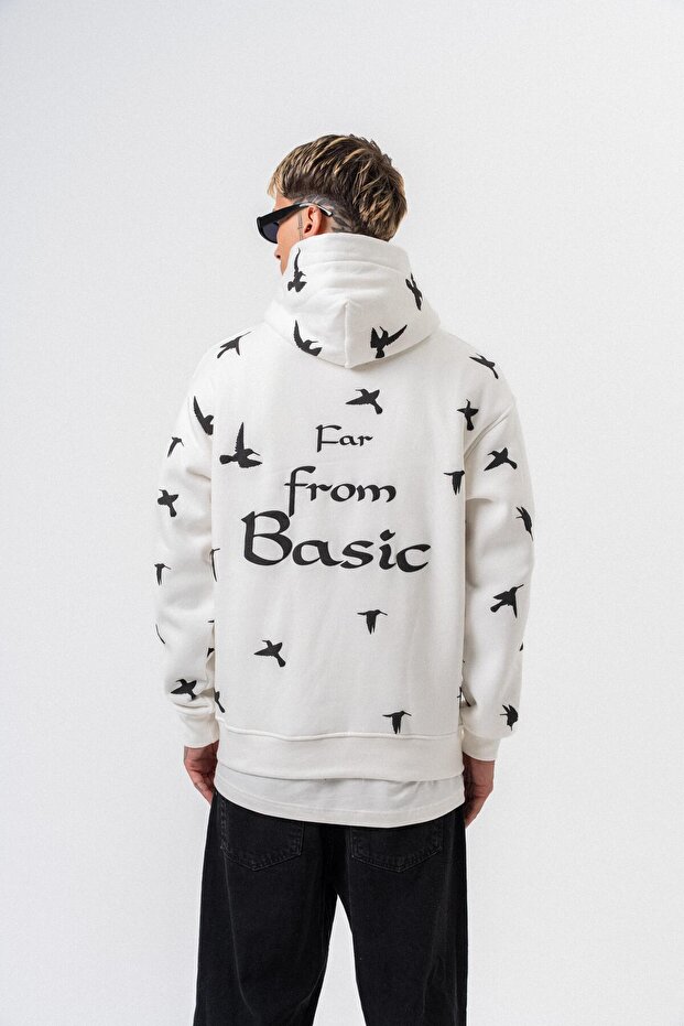 Чоловічий худі з принтом Far From Basic, з капюшоном, оверсайз, екрю - 3