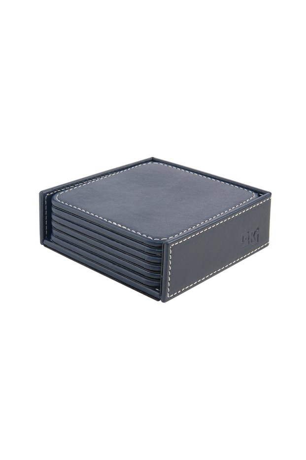 Coasters, Set of 6, Desktop Square Cup Coaster, Vegan Faux Leather, 11X11 Cm., Navy Blue