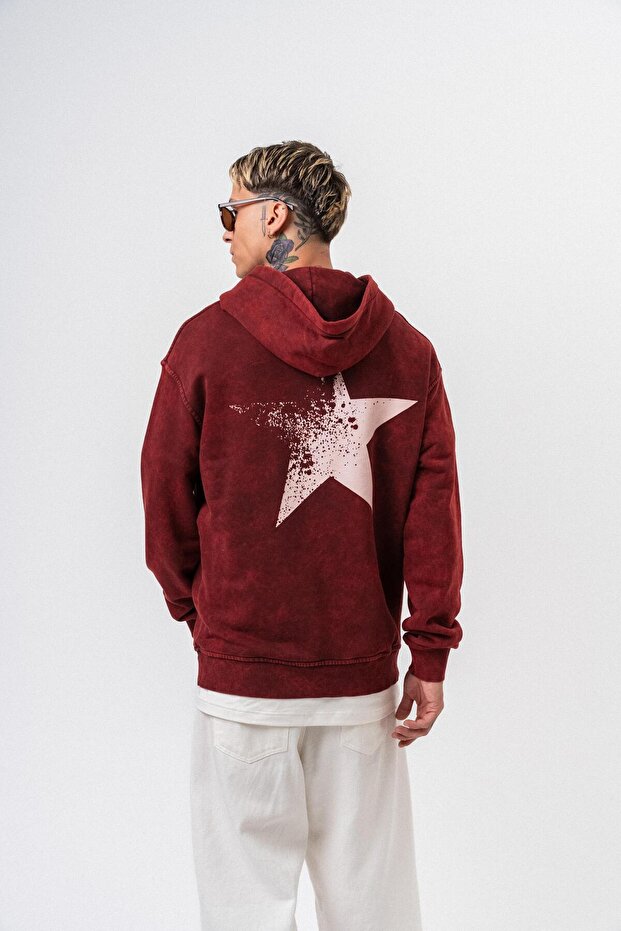 Men's Star Printed Washable Hooded Oversize Hoodie Burgundy