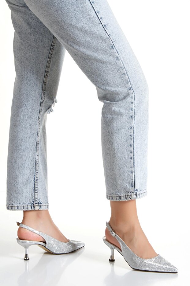 Open Back Pointed Toe Stylish Heeled Evening Dress Shoes Silver