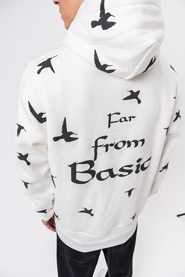 Чоловічий худі з принтом Far From Basic, з капюшоном, оверсайз, екрю - 5