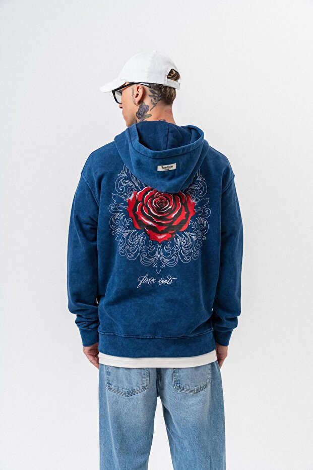 Men's Fierce Printed Washable Hooded Oversize Hoodie Indigo