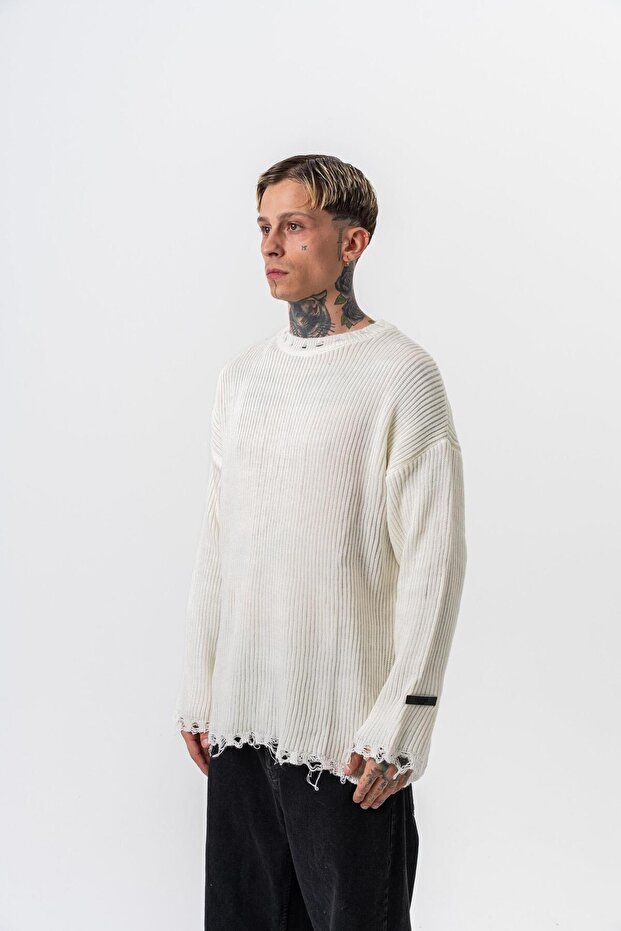 Erkek Dokulu Örme Triko Ekru - 3
