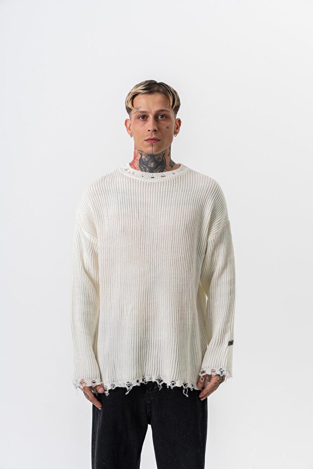 Erkek Dokulu Örme Triko Ekru - 1