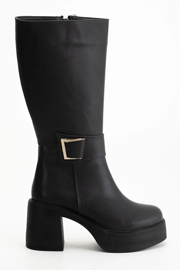 Women's Platform Heeled Buckle Boots Black