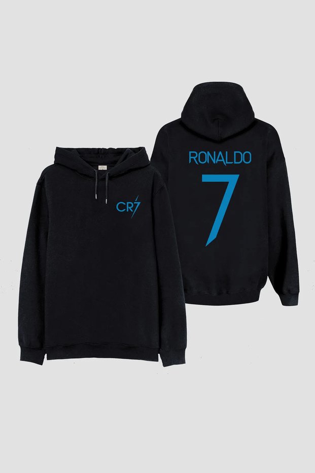 Football Player Ronaldo Printed Boys' Black Hooded Sweatshirt Hoodie