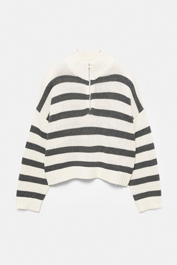 Çizgili dik yaka fermuarlı kazak - 6