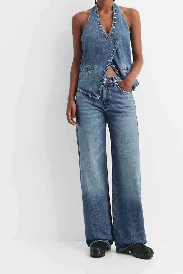 Zımbalı düz paça jean - 5