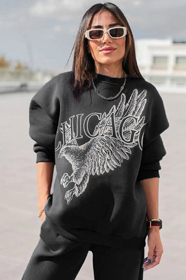 Unisex Women's Men's Chicago Eagle Printed Crew Neck Tracksuit Set