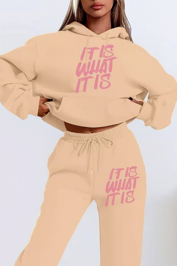 Women's 3 Thread Hooded Kangaroo Pocket Sweatpants Set with It Is What It Is Letter Print