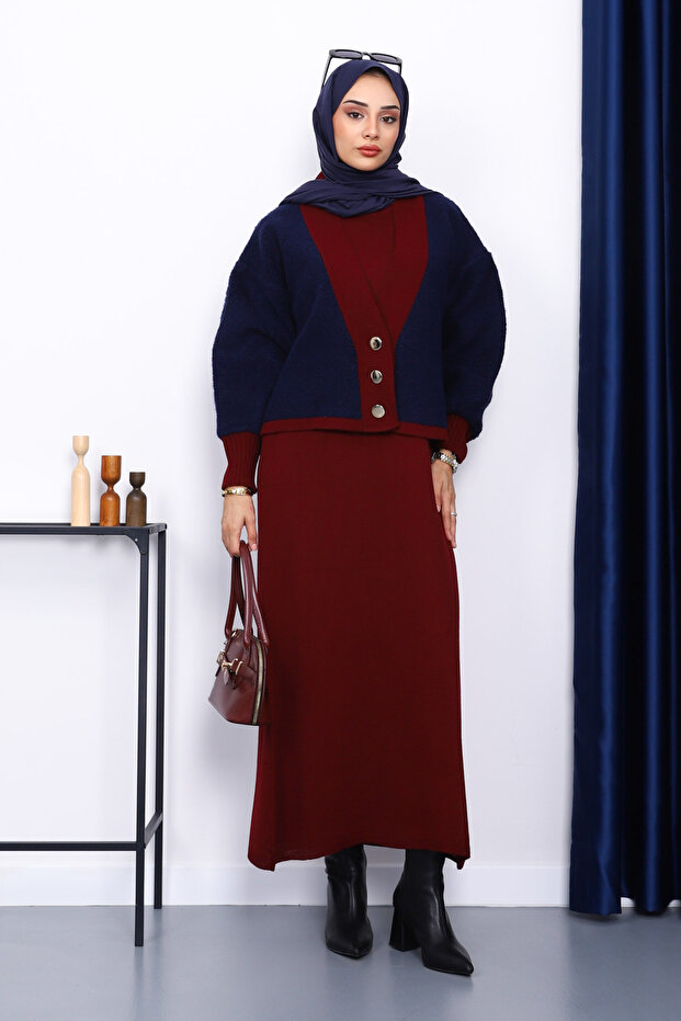 Burgundy Buttoned Knitwear Dress Cardigan Double Combination Set