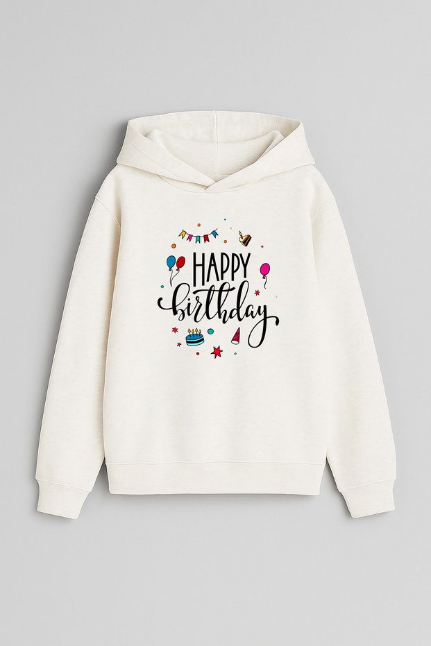 Birthday Happy Birthday Printed Ecru Girls Boys Children's Hooded Sweatshirt