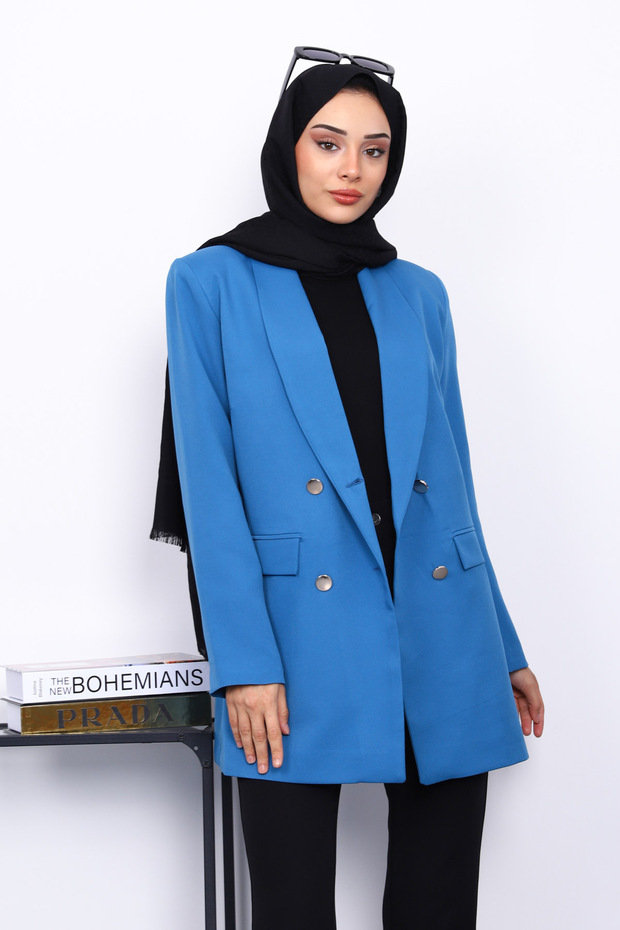 Indigo Buttoned Double-Breasted Collar Crepe Jacket