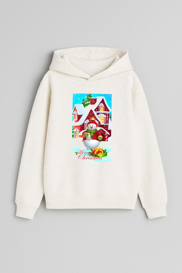 Christmas Merry Christmas New Year Printed Ecru Girls Boys Hooded Sweatshirt