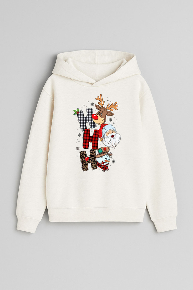Christmas Merry Christmas New Year Printed Ecru Girls Boys Hooded Sweatshirt