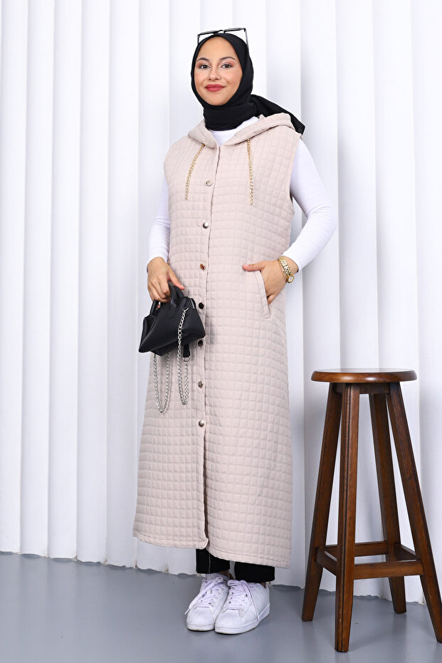 Taş Kapüşonlu Kapitone Uzun Yelek - 1