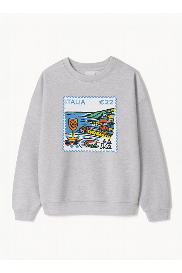 Women's Oversize Fit Sweatshirt with Italia Print – Crew Neck, 3 Thread Fleece