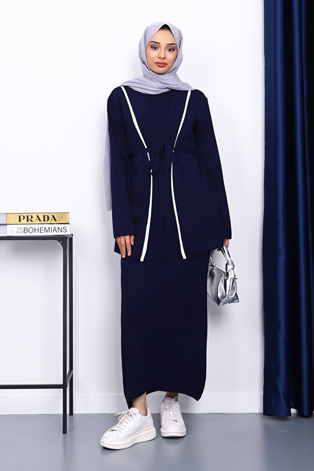 Navy Blue Knitwear Cardigan Double Dress Combination