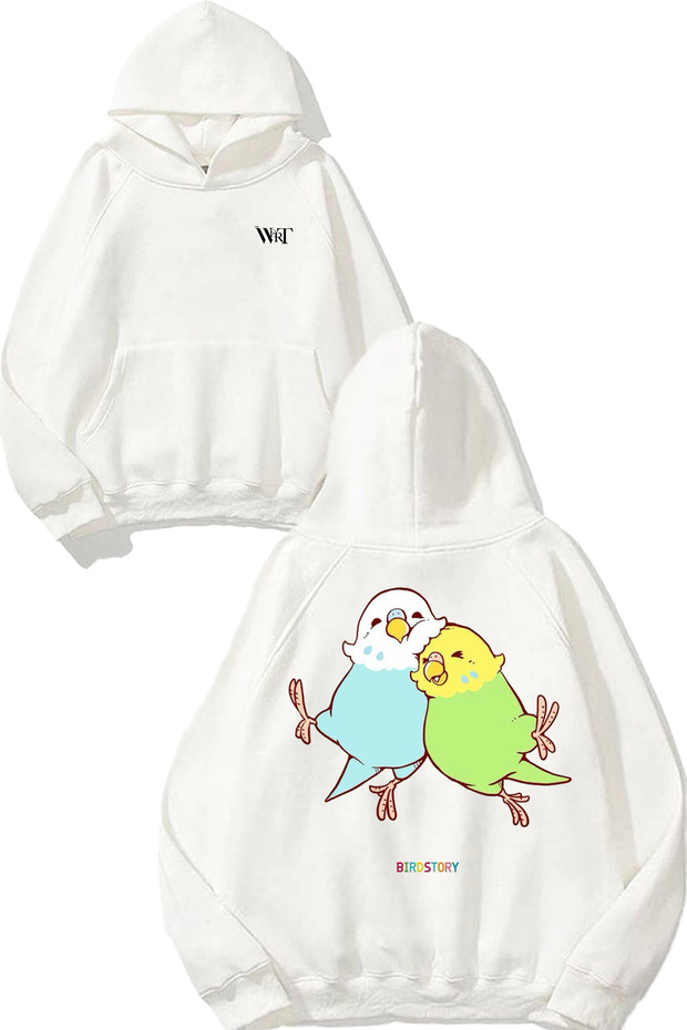 سويت شيرت أبيض بغطاء للرأس مطبوع عليه تصميم Lovebird 3