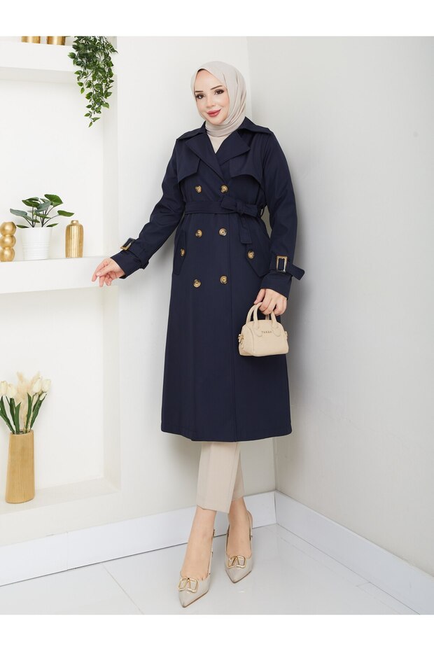 Women's Lined Trench Coat with Button Detail on the Back