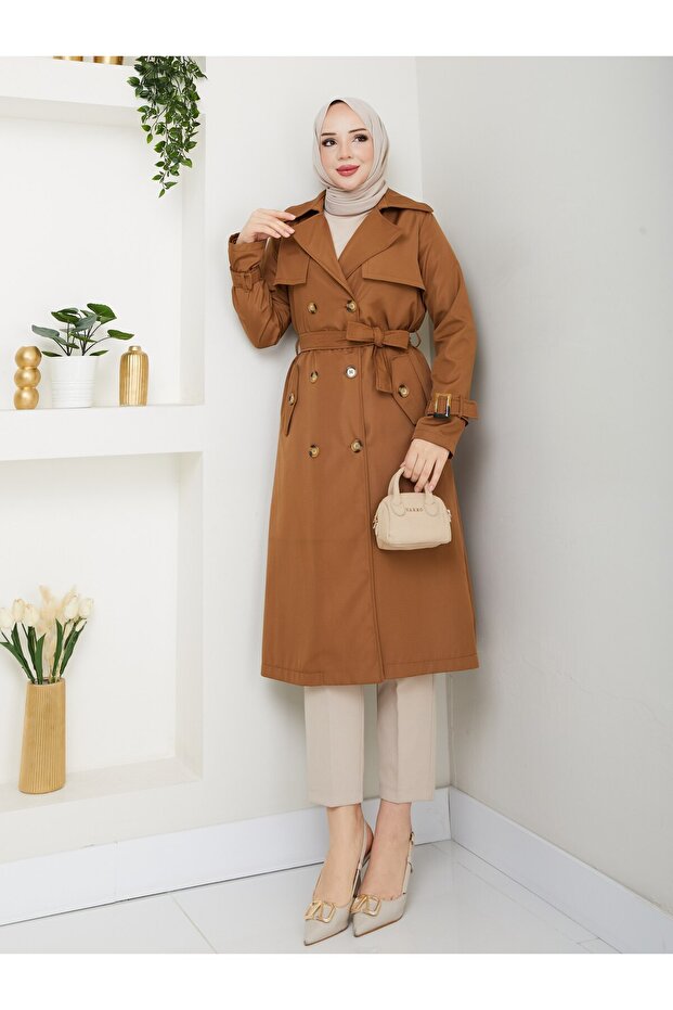 Women's Lined Trench Coat with Button Detail on the Back