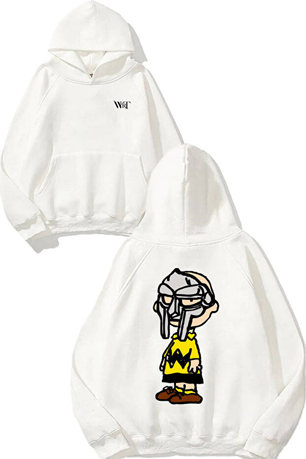 سويت شيرت أبيض بقلنسوة مطبوع عليه تصميم Mf Doom 7