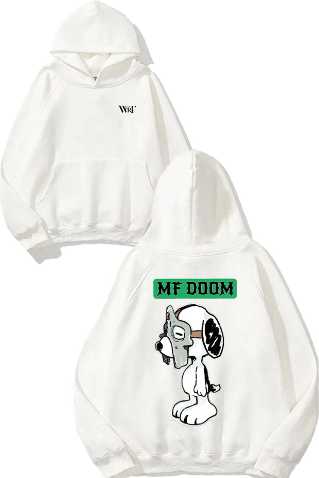 سويت شيرت أبيض بقلنسوة مطبوع عليه تصميم Mf Doom 5