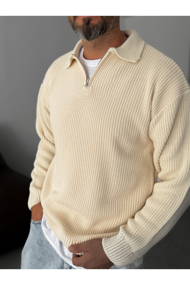 Bej Yarım Fermuarlı Triko Sweat DF-001 - 4