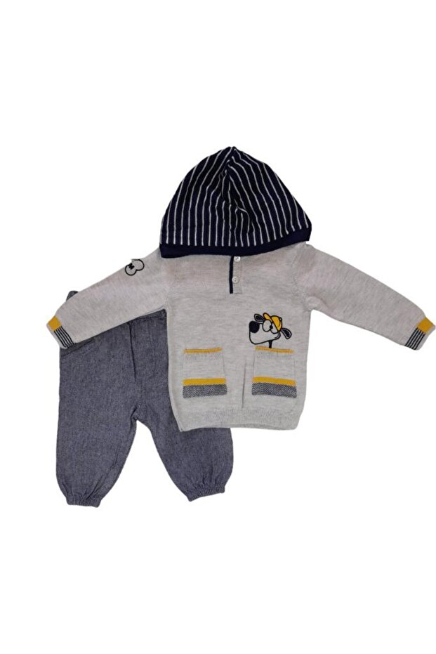 Dog Figured Hooded Gray Sweatshirt and Pants 2-Piece Baby & Kids Set