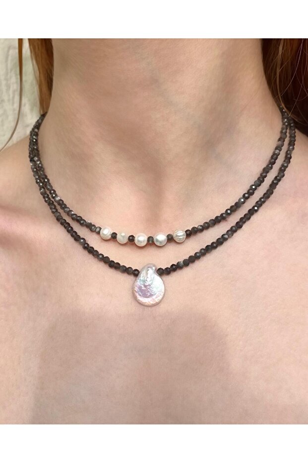 Perlidian – Double Steel Necklace Set with Obsidian & Real Pearl Detail