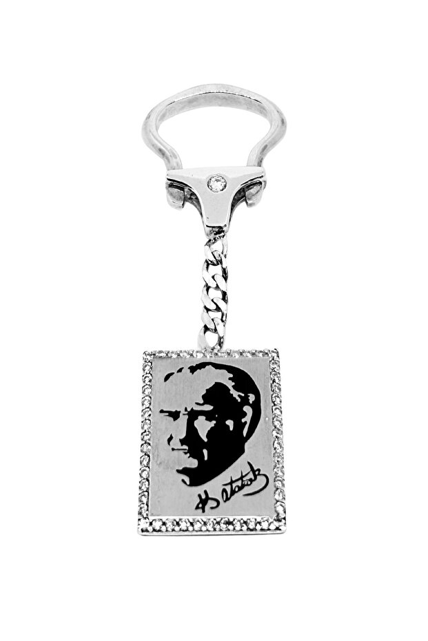 Ataturk Silhouette Silver Keychain on a Rectangular Shape Surrounded by White Light
