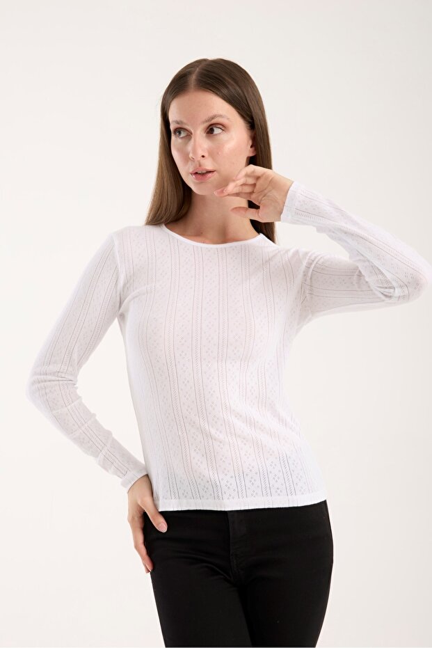 Women's Openwork Knitwear Blouse – Wide Neckline, Long Sleeves, Comfortable and Durable 3014
