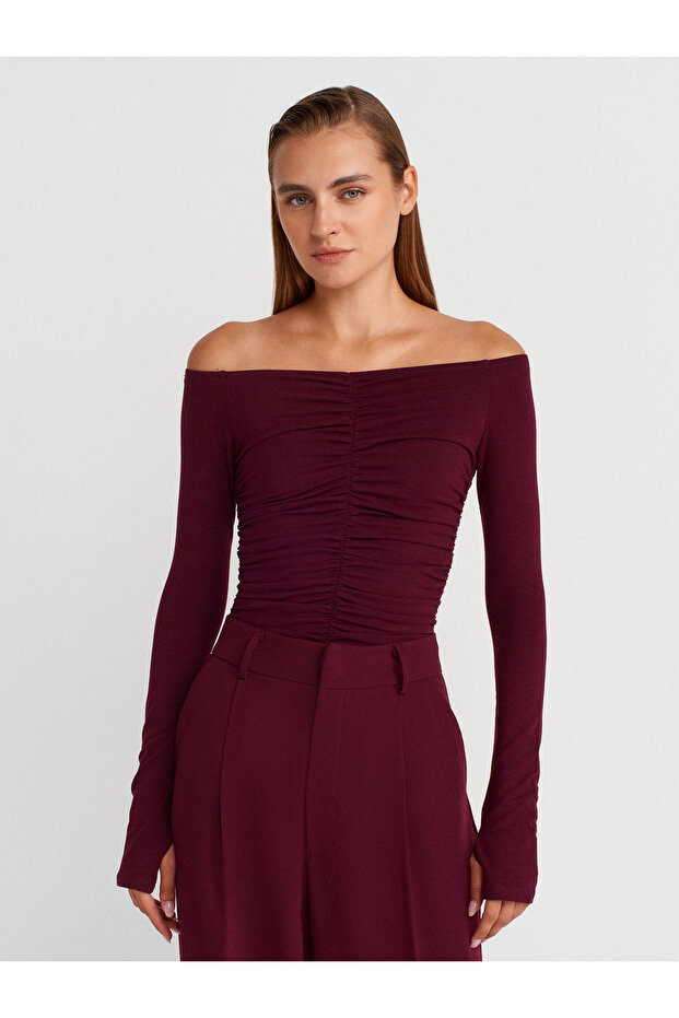 32089 Off-The-Shoulder Gathered Top-Burgundy