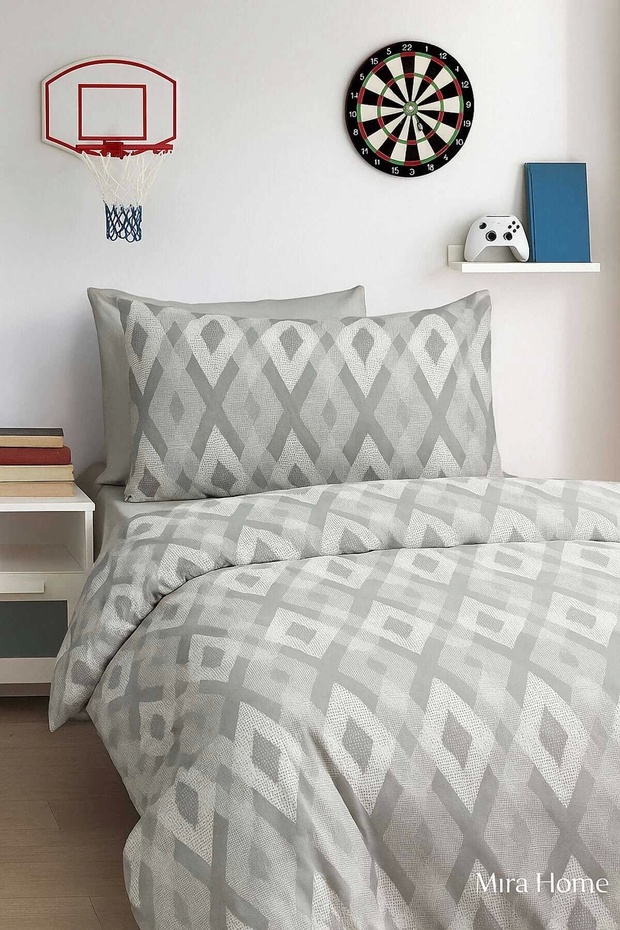 Zigzag Pattern Gray Cotton Twin Duvet Cover Set - 3