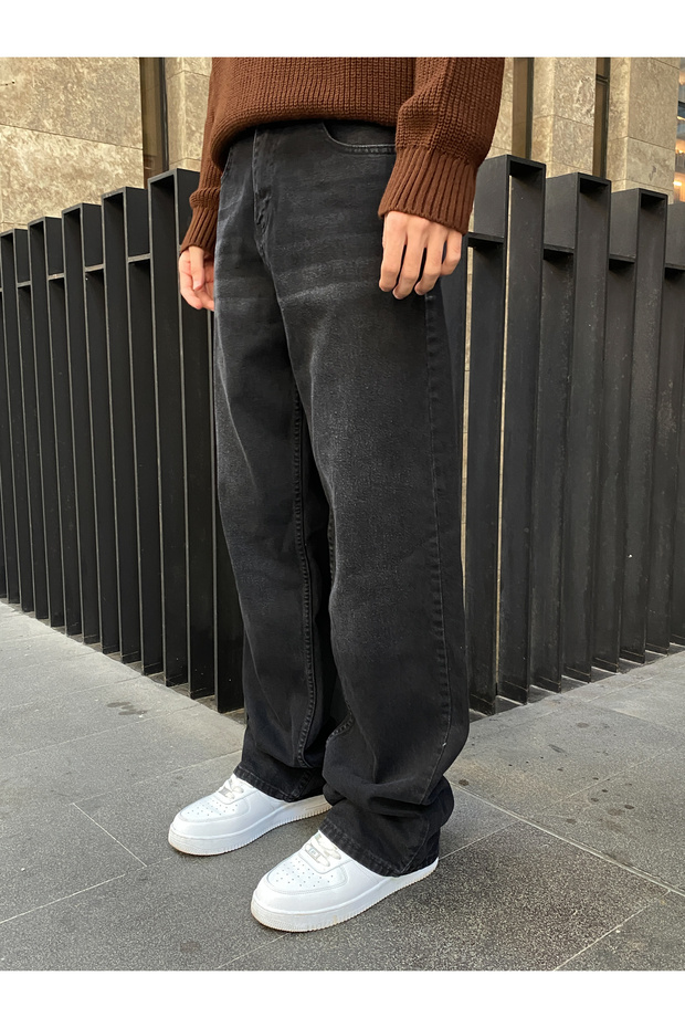 Yıkamalı Siyah Basic Baggy Jean - 2