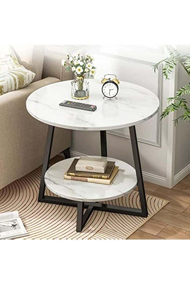 End Table with 2-Tier Storage Shelf, Round Sofa Table End Table Tea Table Marble Finish,Base - 1