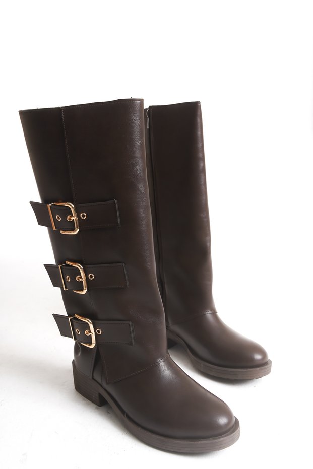 Melivielle Brown Leather New Season Buckle Detailed Stylish Style Daily Comfortable Fit Boots