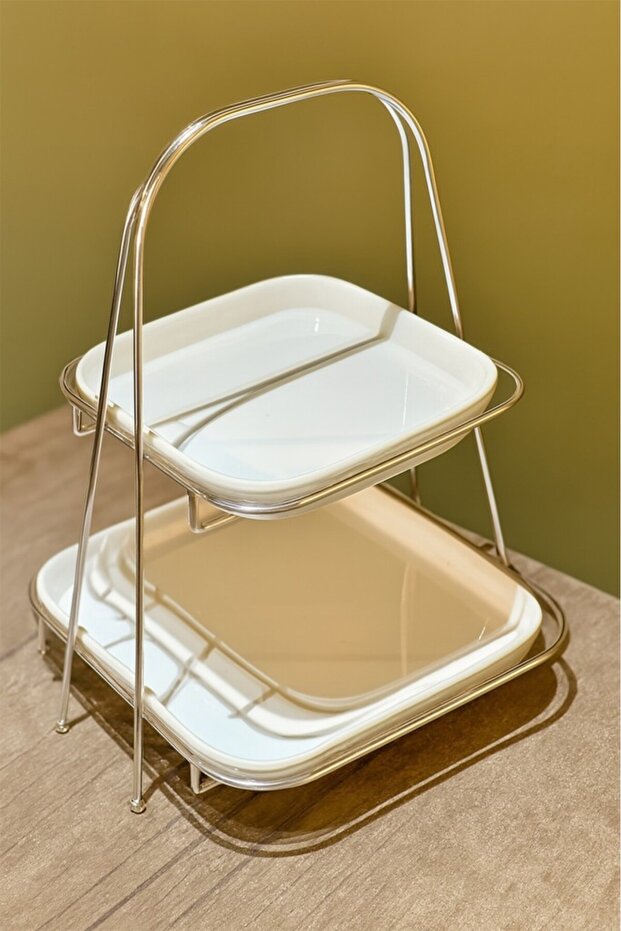 2-Tier Square Silver Metal Stand Melamine Serving Bowl Sugar Bowl Turkish Delight Bowl Kura Piped K