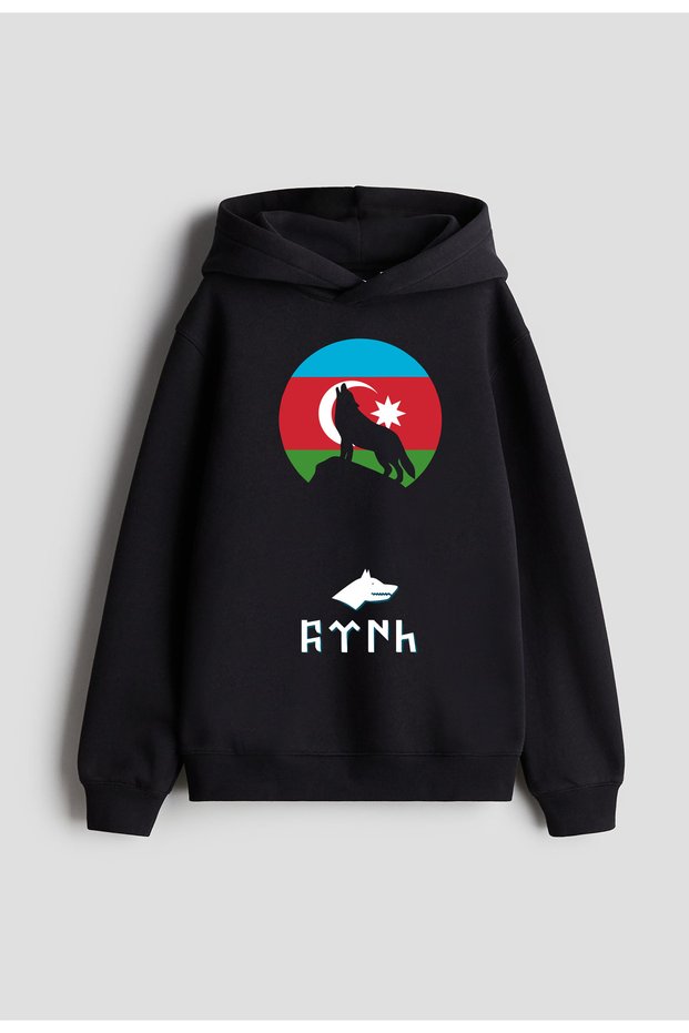 Azerbaijan Flag Turkish Flag Printed Girls Boys Black Hooded Sweatshirt Hoodie