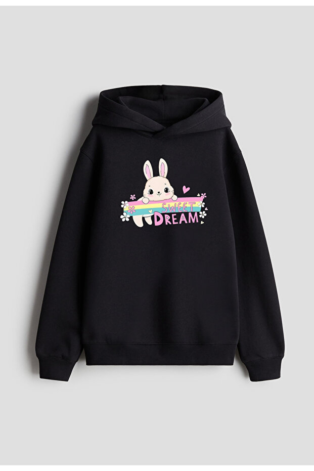 Cute Rabbit Printed Girls Boys Black Hooded Sweatshirt Hoodie