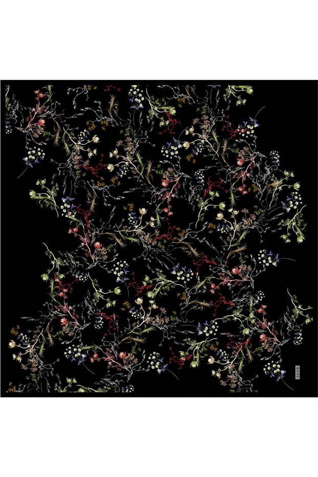 2025-2026 New Season Black Floral Pattern Silk Crepe Satin Scarf