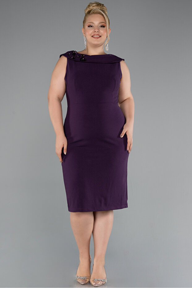 Mor Kolsuz Midi Büyük Beden Davet Elbisesi ABK2422 - 1