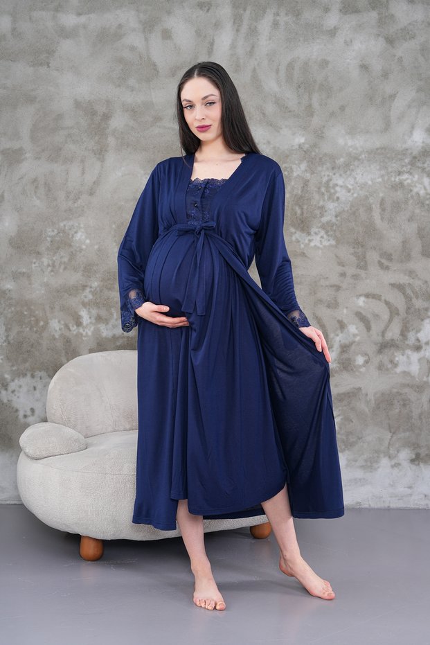 Women's Navy Blue Special Design Lace Cotton Maternity Nightgown Nightgown Set of 2