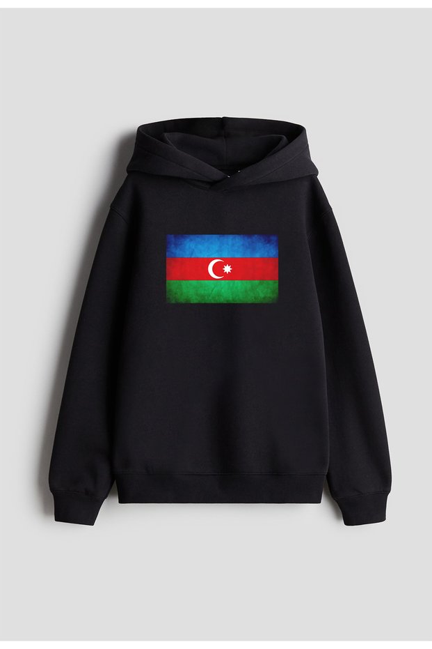 Azerbaijan Flag Printed Women Men Kids Black Hooded Sweatshirt Hoodie