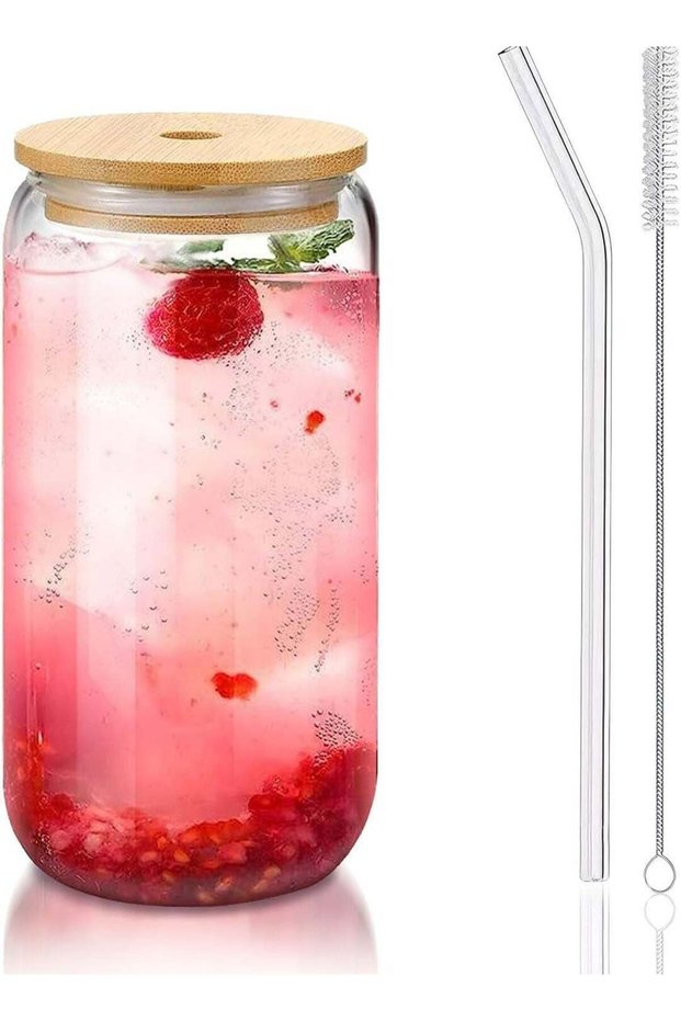 Glass Cup with Bamboo Lid and Straw – 1 Pack 16oz Reusable Iced Coffee Cup with Brush – Clear Drinking Glass for Tea, Juice, Water