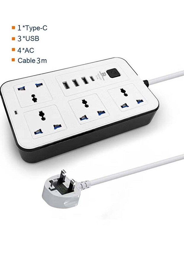3 meters Universal Extension Cord with 4 Power Socket and 3 USB Slots - 1