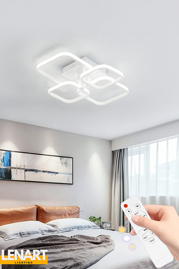 Yüksek Aydınlatmalı 4'lü Kare Led Avize, Tavan Avize, Kumandalı Led Avize, 3 Renk Aydınlatmalı Avize - 1