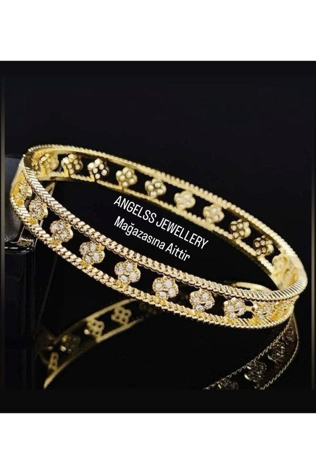 Yonca Brand Model Gold Zircon Stone Handcuff Bracelet (Yonca Gold Stone Handcuff Bracelet)