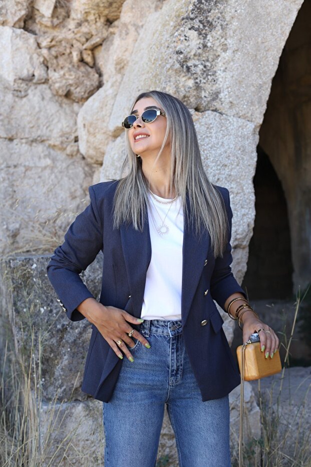 Navy Blue Gold Buttoned Premium Double Breasted Blazer