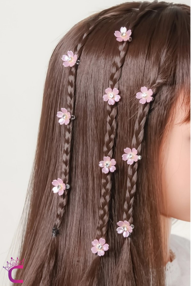 10-Piece Pink Floral Stone Snap Clip Knitted Hair Ornament - Teenage Girls' Decorative Hair Clip Earrings Metal